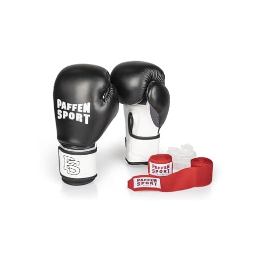 PAFFEN SPORT «Starter» Box-Bundle, «FIT» Boxhandschuhe, schwarz/weiß, 14UZ; «Allround» Bandage rot, 3,5 m; «Allround» Zahnschutz, transparent, ohne Mint