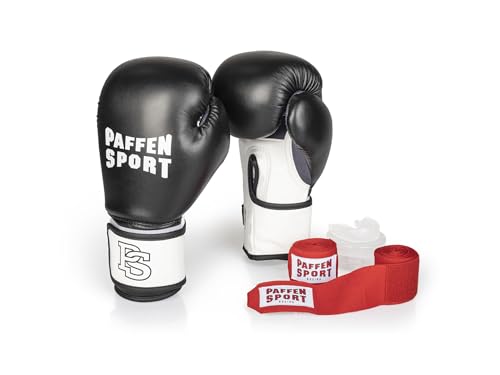 PAFFEN SPORT «Starter» Box-Bundle, «FIT» Boxhandschuhe, schwarz/weiß, 16UZ.; «Allround» Bandage rot, 3,5 m; «Allround» Zahnschutz, transparent, ohne Mint