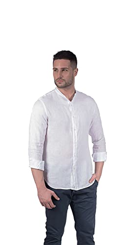 1st American Camisa de Lino Made in Italy para Hombre Manga Larga Slim Fit - 100% Lino Puro - Elegante Cuello Mao con Botones, (Talla S-XXXL)