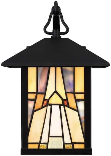 Ceybo 1-Light Matte Black Outdoor Wall Sconce with Handcrafted Amber-Toned Glass, Mission Style, Compatible with LED and Incandescent Bulbs
