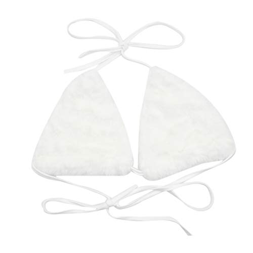 Women Faux Fur Crop Top Triangle Bra Sexy Halter Backless Tank Tops for Rave Festival Clubwear White - Image 4