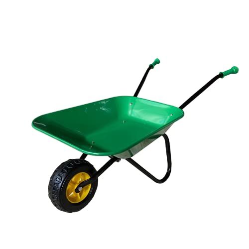 ASC - Child Kids Metal Wheelbarrow - Metal Tray & Frame, Rubber Handles, Puncture-Resistant Tire, Green & Black - Outdoor, Educational, Farm, Gardening Toy, Play, Game