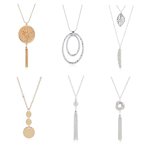 6 Pcs Long Tassel Necklaces Set Long Pendant Necklace Knot Disk Tassel Statement Sweater Chain Necklace Simple Fringe Tassel Bar Circle Faux Pearl Y Necklace Fashion Jewelry Set for Women Girls