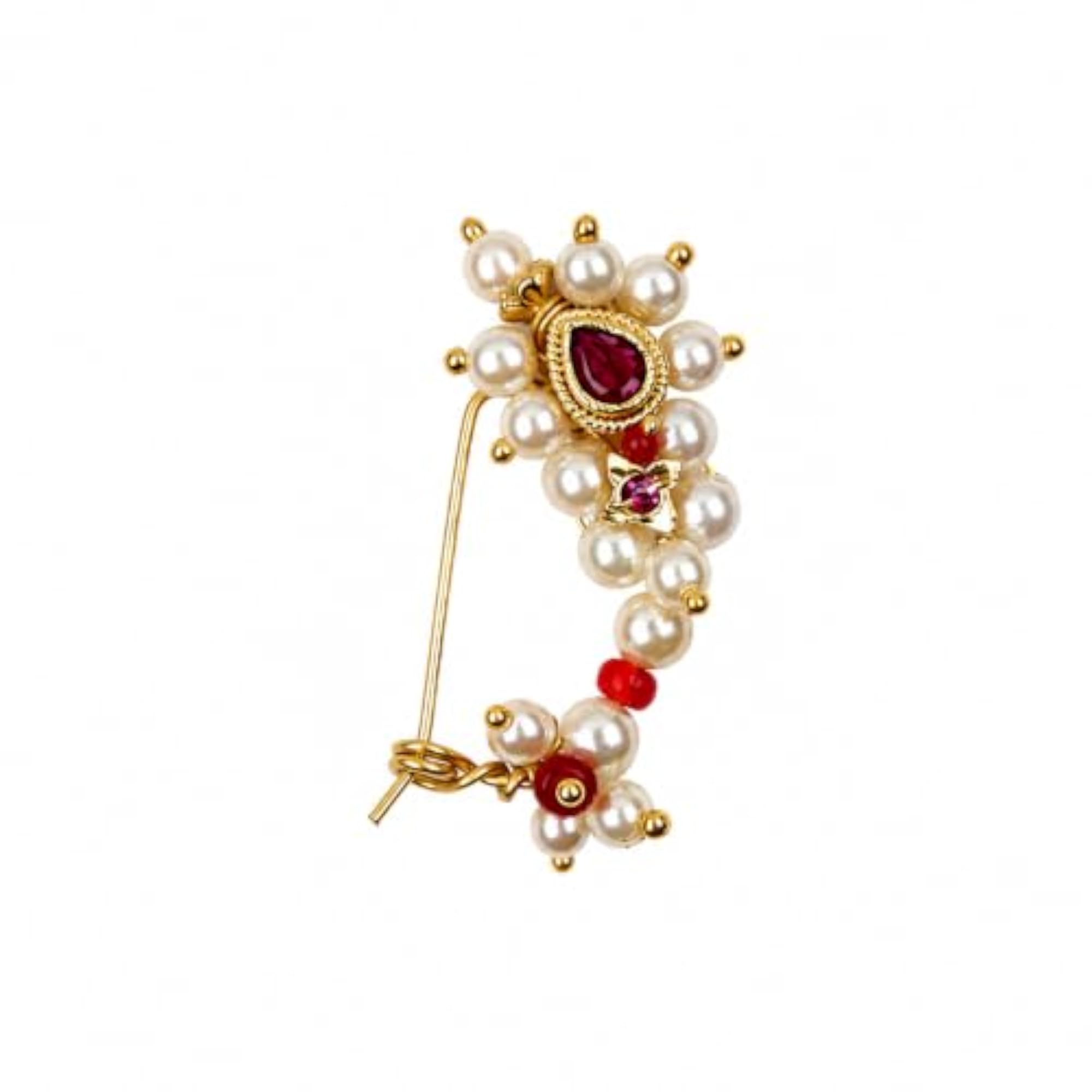 Maharashtrian Pink Stone & Pearl Stud Nose Pin for Bride