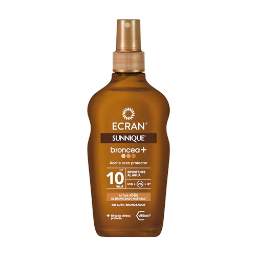 Ecran Sunnique - Aceite Protector Solar Broncea+ FPS 10, Protección Media UVB y UVA, Activa el Bronceado Natural, Sin Autobronceador, con Tecnología PureBronze, Resistente al Agua - 200 ml