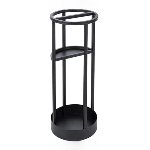 Image of Metal Umbrella Stand with Drip Tray, Black, Round, 19.7 x 8.0 Inch, Entryway Holder