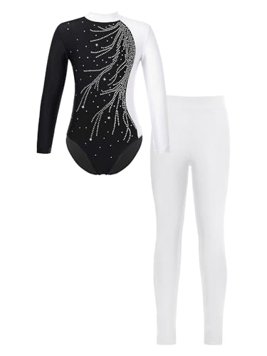 Miaeowve Maillot de ballet para niños y niñas, de manga larga, con brillantes, con pantalones de baile, ropa de baile larga, Blanco y negro., 146/152 cm
