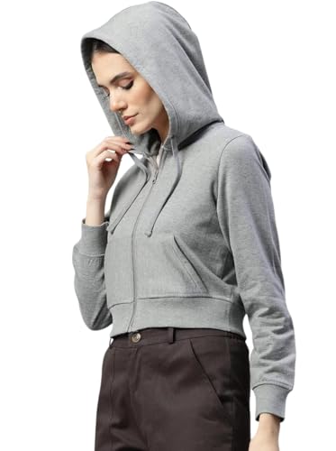 Image of Rabboni Women's Crop Fleece Hoodie Jacket | Full Sleeve Zip-Up Hooded Sweatshirt for Women & Girls | Soft Warm Casual Winter Wear Crop Hoodie