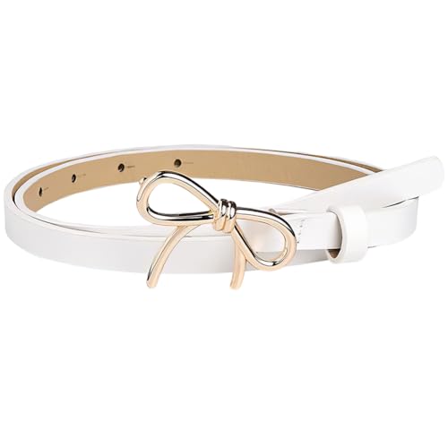 Bow Skinny PU Leather Waist Belt for Women Adjustable 0.5 Inch Width White Belts with Gold Alloy Bowknot Buckle Thin Elegantes Slim Leather Waist Strap Band for Ladies Dresses Jeans Pants