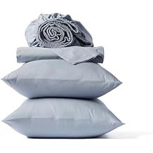 Coyuchi Organic Crinkled Percale Cooling Sheet Set, Breathable 100% Organic Cotton, Steel Blue Twin