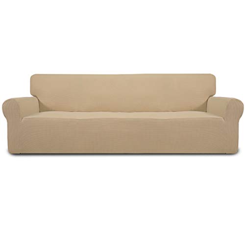Image of Easy-Going Stretch 4 Seater Sofa Slipcover 1-Piece Sofa Cover Furniture Protector Couch Soft with Elastic Bottom for Kids, Polyester Spandex Jacquard Fabric Small Checks Sand