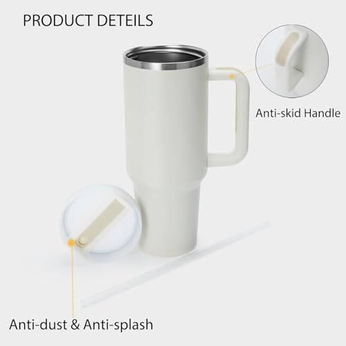 Image of 40Oz Stainless Steel Vacuum Insulated Tumbler with Straw and Lid & Handle,Travel Coffee Mugs Cups for Hot Drinks with Handle&Straw Insulated Water Bottle Iced Coffee Cup 1200ML (Cream)