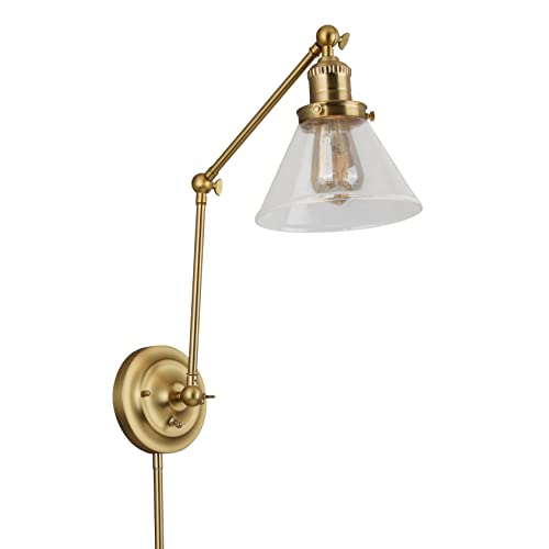 Image of Design House Augustin Wall Sconce, 1-Light, Swing Arm, Seeded Glass, Hardwire /Plug-in Easy Installation, On /Off Backplate, E26 Socket, Satin Gold, 7.9 in L x 17.3 in W x 38.6 in H, 589077-SG | Adjustable Swing Arm, Adjustable, Wall Mount, Contemporary /Modern, Steel, Lighting, 589077-SG