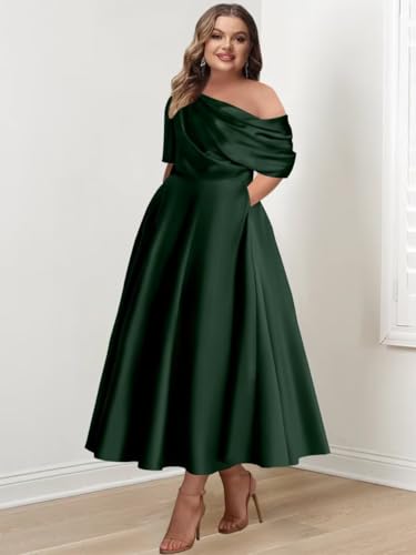 Ouyisha Satin Mother of The Bride Dresses for Wedding One Shoulder Tea Length A Line Pleated Simple Formal Wedding Guest Dress Turquoise 84