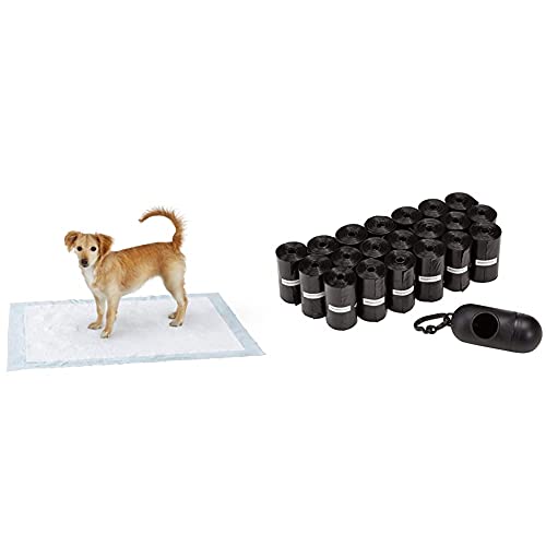 Amazon Basics - Toallitas de Entrenamiento para Mascotas (Extragrande, 60 Unidades) + - Bolsas para excrementos de Perro con dispensador y Clip para Correa (300 Bolsas)