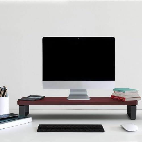 Image of Monitor Stand Riser with Wood Top & Metal Legs | Desktop Monitor Shelf Organizer | Computer Screen Riser for Office & Study | Dark Red