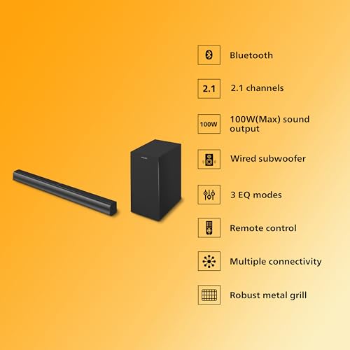 Image of Philips TAB4329 Soundbar: 2.1 CH 100W Wired Subwoofer, Deep Bass Effect - Bluetooth, HDMI ARC & Multiple Connectivity
