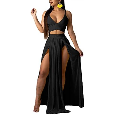 Sexy Dresses for Women 2 Piece Outfits Chiffon Strap Deep V Neck Bra Crop Top High Split Maxi Dress Skirt Set Beachwear Black XXL Cover