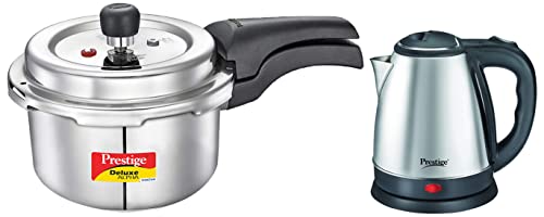 Image of Prestige Svachh Deluxe Alpha 2.0 Litre Stainless Steel Pressure Cooker + Prestige Electric Kettle Pkoss - 1500Watts, Steel (1.5Ltr), Black Combo, 2 Liter