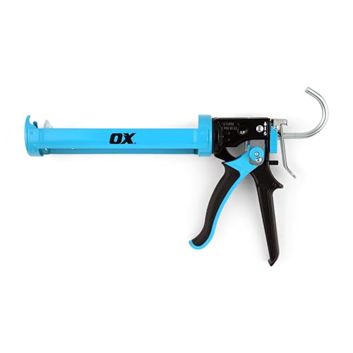 Ox Pistola de calafetagem resistente de 293 ml - Interruptor duplo 25:1 ou 12:1 e interruptor liga/desliga sem gotejamento - Pistola adesiva com cortador de bico e furador de vedação - OX-T046504