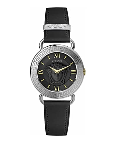 Versace Womens Silver Tone Swiss Made Watch. Medusa Collection. High Fashion Adjustable Black Leather Strap with Black Dial. Swiss Quartz Movement. Featuring Greca Pattern on Top Ring.