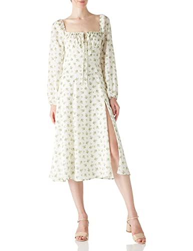 Amazon Brand - find. Vestido Largo Vintage de Cuello Cuadrado y Manga Larga con Abertura Lateral