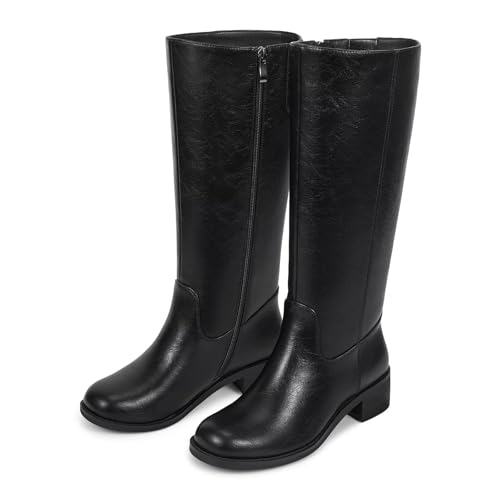 Image of ISNOM Knee High Boots for Women Round Toe Chunky Block Riding Tall Boots with Side Zipper and Low Heel