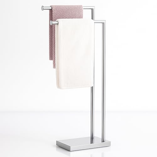 SPRINGOS Porte-serviettes autoportant à 2 barres, en métal, 80 cm de haut, pour serviettes et serviettes de bain, pied carré stable