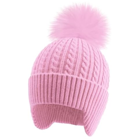 BAOPLAYKIDS Girls Knit Earflap Hats Kids Winter Beanie Hat Cap with Pom Pom for Boys Ages 8-14 Years Pink Cover