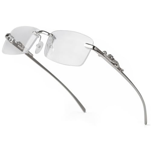 Vintage Small Narrow Rimless Square Silver Metal Wire Frames Unisex Trendy 90’s Hip Hop Retro Luxury Leopard Arms Frameless Glasses Rectangle Designer Clear Lens Eye Glasses For Men And Women