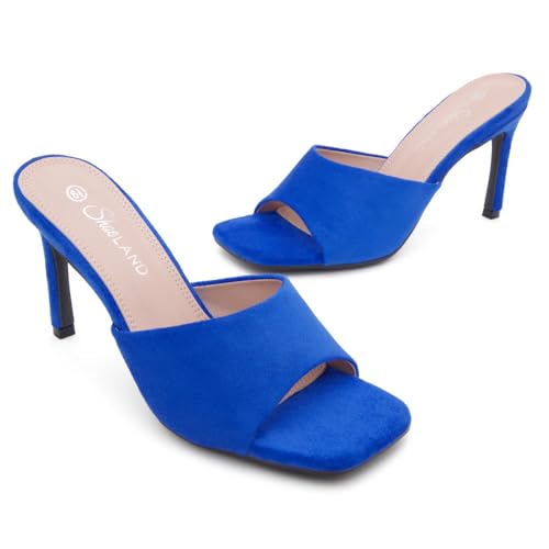 Image of Shoe Land Melrose Women's High Heels Stiletto Heeled Slides, Square Open Toe One Band Slip-On Heeled Mules - Dressy Clear Heeled Sandals for Prom Party Wedding and Vacation