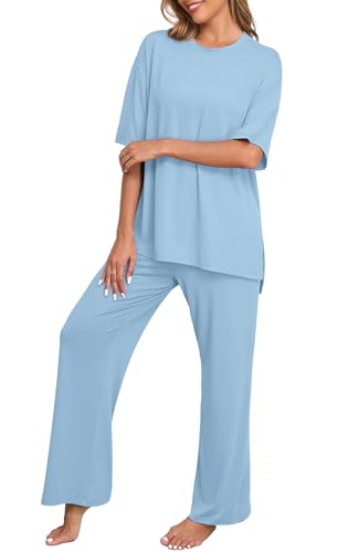 Image of PrinStory Womens Pajamas Sets 2 Piece Lounge Set Short Sleeve Tops and Long Pants Soft Pjs Loungewear with Pockets