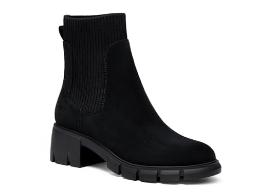 Image of Ruanyu Womens Platform Ankle Boots Elastic Chunky Block Heel Chelsea Booties Lug Sole Non-Slip Combat Shoes
