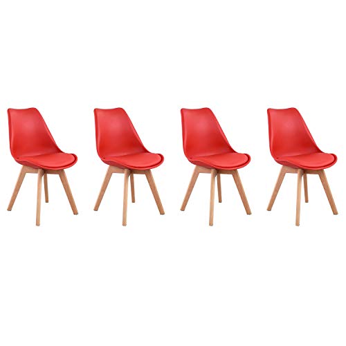 Happy Garden Lot de 4 chaises de Salle à Manger Style scandinaves Nora Rouges avec Coussin, chaises de Cuisine, chaises rembourrées, Pieds en Bois de hêtre Massif Cover
