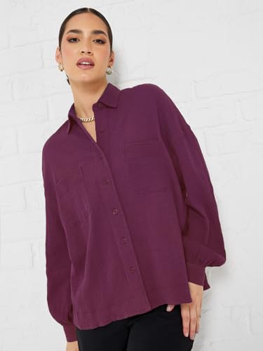 Image of Styli Women Drop Shoulder Crepe Oversized Shirt | Stylish Casual Shirt for Women | Comfortable Tops | Perfect for Office, Travel & Daily Outfits