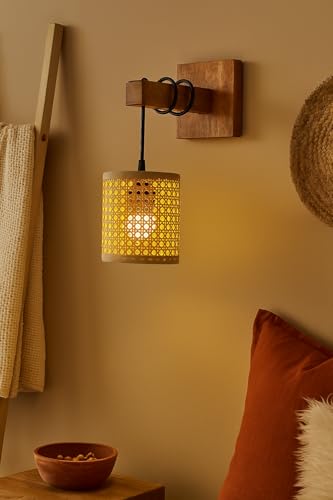 Image of AKWAY Rattan wall Lamps for Living Room | Bamboo wall Lights for Bedroom | Cane wall scones for Home Decoration (Bulb Not Included) (Rattan Eye Webbing Hang)