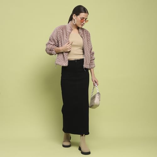 Image of Madame Geometric Pattern Zipped Brown Sweatshirt for Women