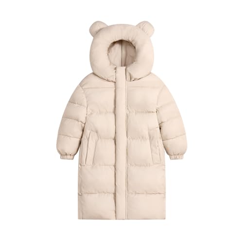 Kids Long Puffer Coat Cute Bear Hooded Padded Down Jacket Winter Warm Quilted Parka Outerwear Plain Zip Up Thermal Lightweight Puffy Ski Snowsuit (White, 3-4 Years)