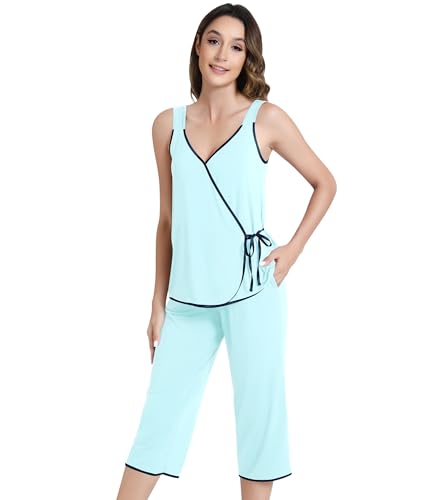 Image of NACHILA Pajamas Set for Women-Viscose Made from Bamboo, Sleeveless Pjs Cool V Neck Sleepwear Soft Capri Pants Pajama Sets