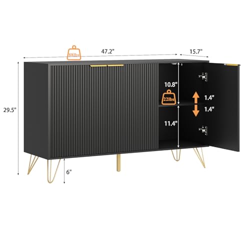 Sscaktu 47.2\" Large Sideboard Buffet Cabinet with Storage, Storage Cabinet with 3 Fluted Doors, Modern Accent Cabinet TV Stand Console with Adjustable Shelves for Living Room, Kitchen, Entryway, Black