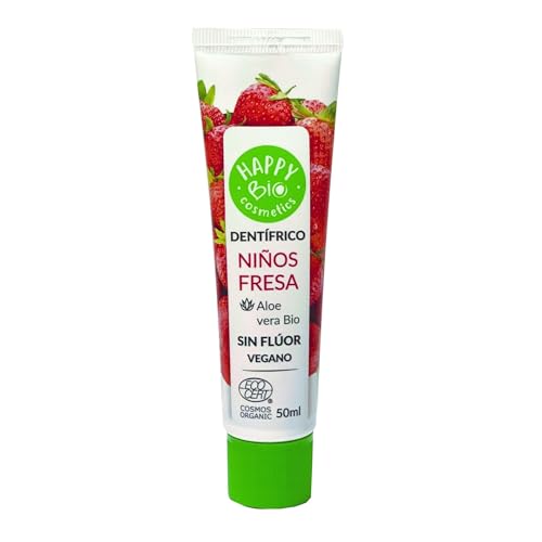 HAPPY BIO COSMETICS - PASTA DE DIENTES INFANTIL, Sabor Fresa, Con Aloe Vera BIO y Malva BIO, Sin Fluor, Pasta De Dientes Vegana, Sin Gluten, Con Certificación Ecológica, 50ml