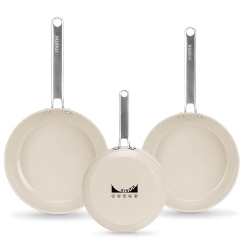 MsMk Ceramic Nonstick 8-inch, 9.5-inch and 11-inch Frying Pan Set, No PFAS & PTFE & PFOA, Stainless Steel Handle, Dishwasher & Oven Safe,induction Base by MsMk - Used condition - US$72.19
