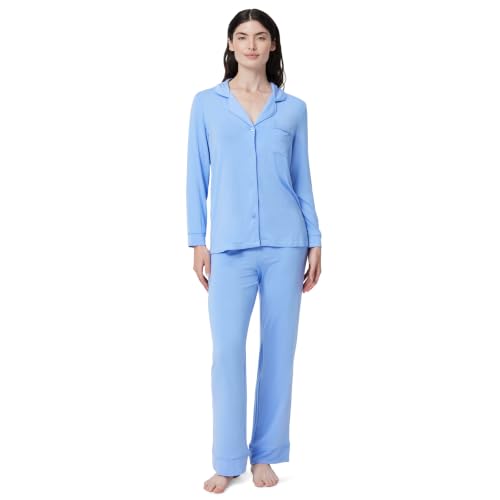 Image of Amazon Essentials x Sofia Grainge Women's Stretch Modal Long-Sleeve Button-Front Top and Full-Length Bottom Pajama Set