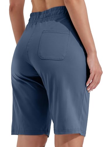 WILLIT Damskie szorty bermudy, bawełna, krótkie spodnie sportowe, na lato, do jogi, fitnessu, do kolan, do biegania, treningu, 40 cm, z kieszeniami, szary/niebieski, XL
