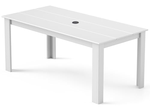 Image of GREENVINES Outdoor Dining Table | 67'' | HDPE | Rectangle Tables for 6 | All-Weather | Umbrella Hole | Patio Furniture | for Poolside Backyard Garden | White