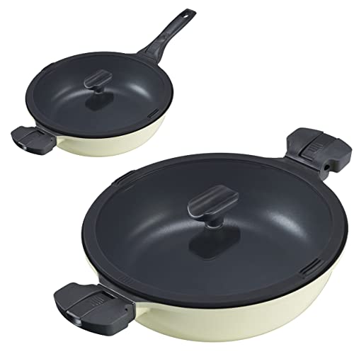 NeoChef Saute Pan with Lid - 28cm Smart Touch Non-Stick Shallow Casserole Frying Multi Function Oven & Dishwasher Safe Pot Double Removeable Handles for Gas, Electric Induction Hobs