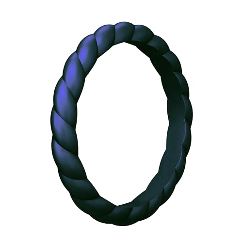 Knot Theory Metallic Blue Thin Stackable Braided Silicone Ring - 2mm Slim Wedding Band Size 8