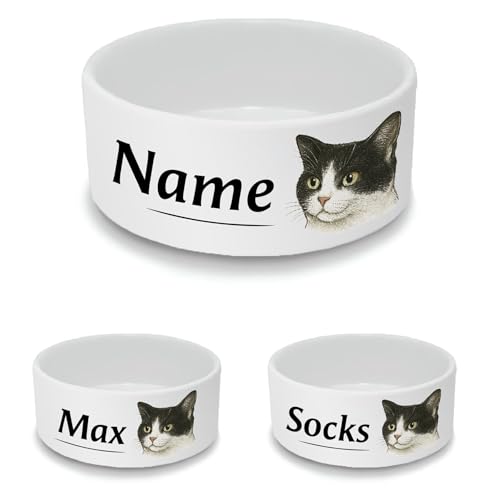 Gepersonaliseerde keramische kattenbak - grote witte dierenvoerschaal met smoking kattenontwerp - aangepaste naam kattenbak 15 cm breed x 6 cm diep - ideaal voor middelgrote tot grote katten