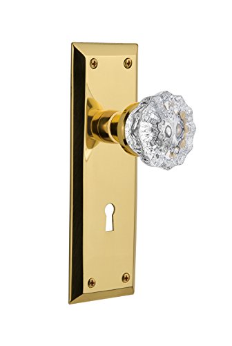 Nostalgic Warehouse New York Plate with Keyhole Crystal Glass Knob, Mortise, Unlacquered Brass
