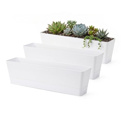 Image of GREANER Window Boxes Planters, 3PCS 16x3.8 Inch Large Herb Planters with Tray, Indoor Succulent Cactus Flowers Vegetable Plastic Rectangle Pots for Balcony, Office, Garden, Outdoor, Windowsill (White)
